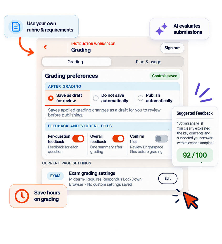 TurboGrading instructor workspace showing grading preferences, suggested feedback, and instructor-controlled publishing